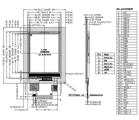 2.4 Inch LCD TFT Touch Screen 240x320 40 PINS MCU RGB SPI 450 CD/M2
