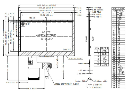 480x272 TFT LCD Display Screen,  4.3 Inch 40 PINS 420 CD/M2 24bit RGB Interface