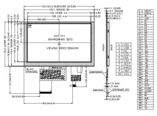 800x480 Touch Screen TFT Display 5 Inch 40 PINS 24bit RGB 420 CD/M2