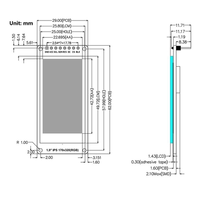 1.9 Inch Lcd Module Tft,  170x320 Resolution,  8 Pins 4 Line SPI Interface