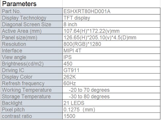 8 Inch TFT Display Module with 800x1280 Resolution and MIPI 4T Interface for Car Monitor Use