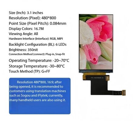 3.1" IPS TFT Module,480X800 Resolution,MIPI/RGB Interface, ALL VIEW,350nit,16.7M, 6LEDS,High quality security screen